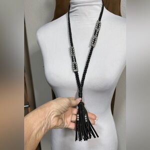 Black Braided Leather Lariat Western Necklace Silver Accents Vintage Italian